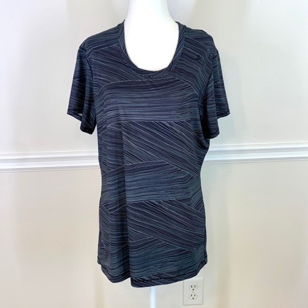 UNDER ARMOUR Fitted HeatGear Short Sleeve Workout Striped Black Top XL